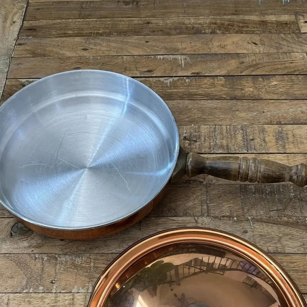 Vintage Copper Saute Pan Skillet with Lid Wood Handle